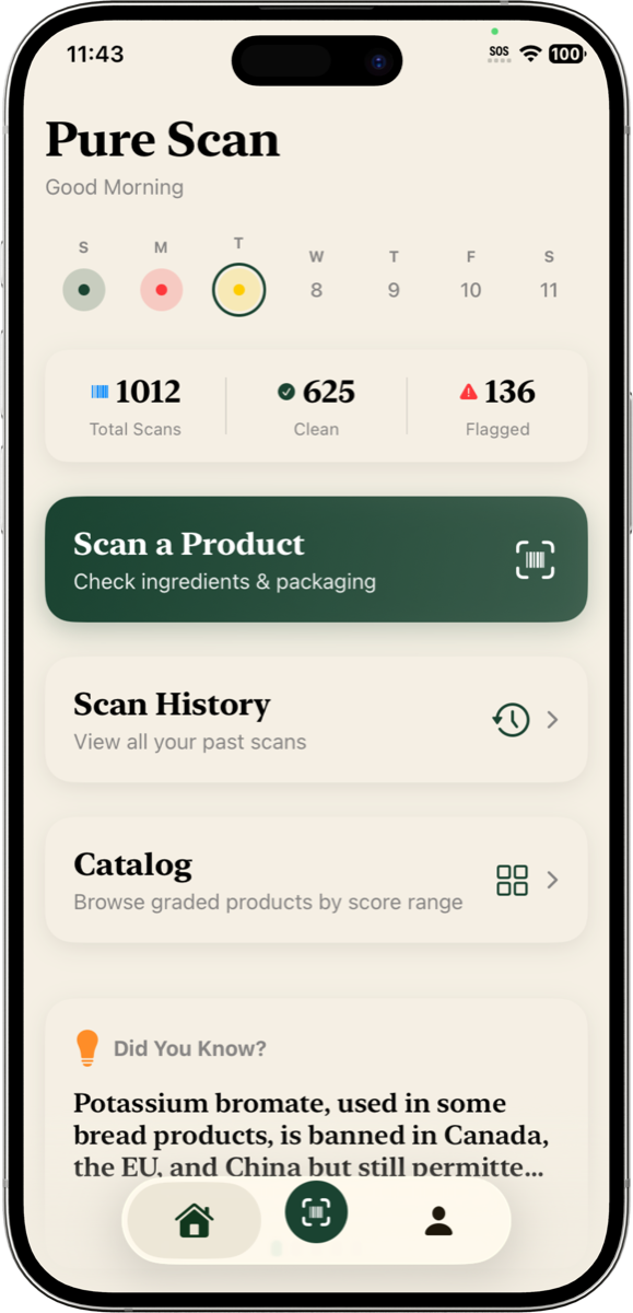 Pure Scan home screen with clean and flagged scan counts above a scan action and a graded catalog.